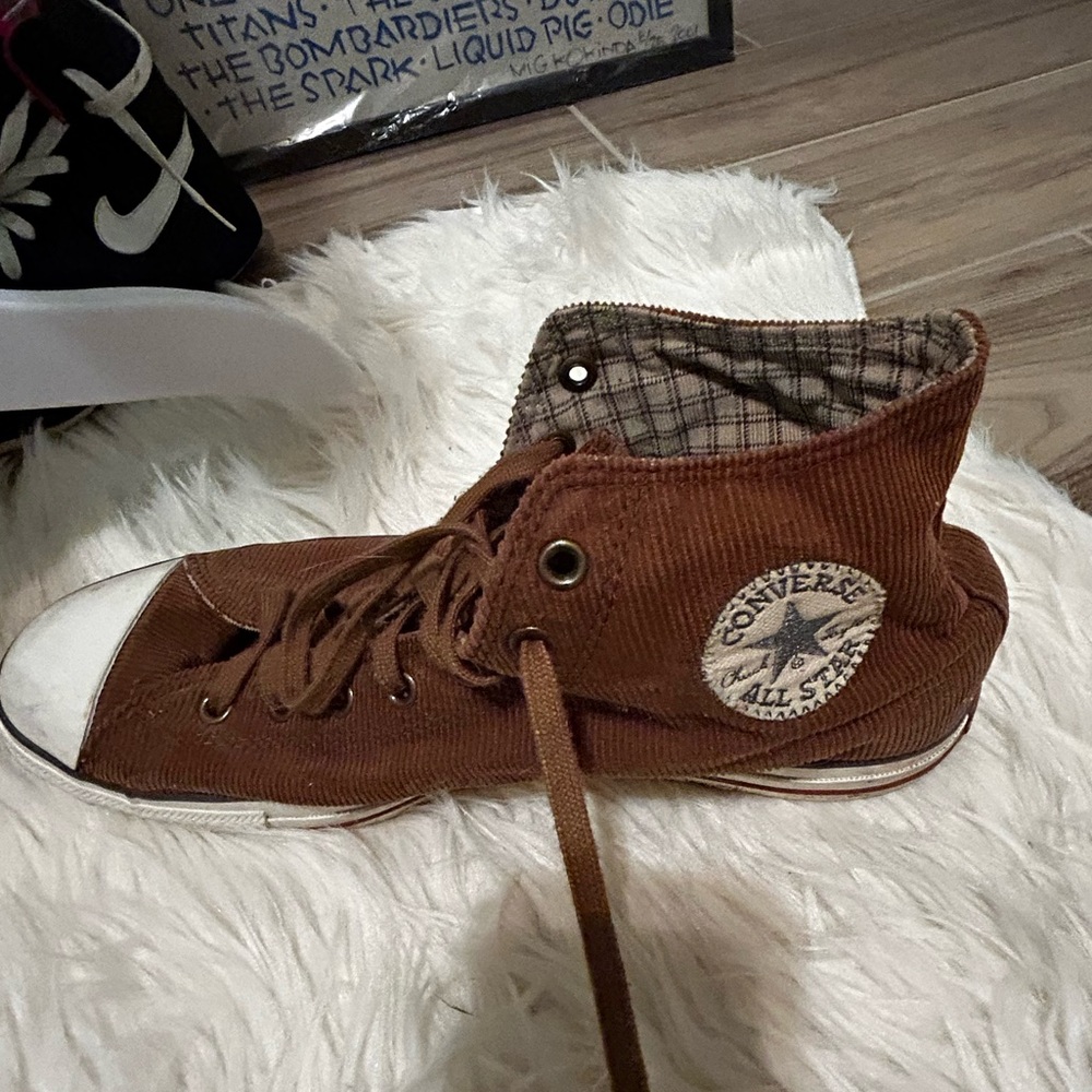 Converse Chuck Taylor dark tan corduroy high tops with plaid lining
